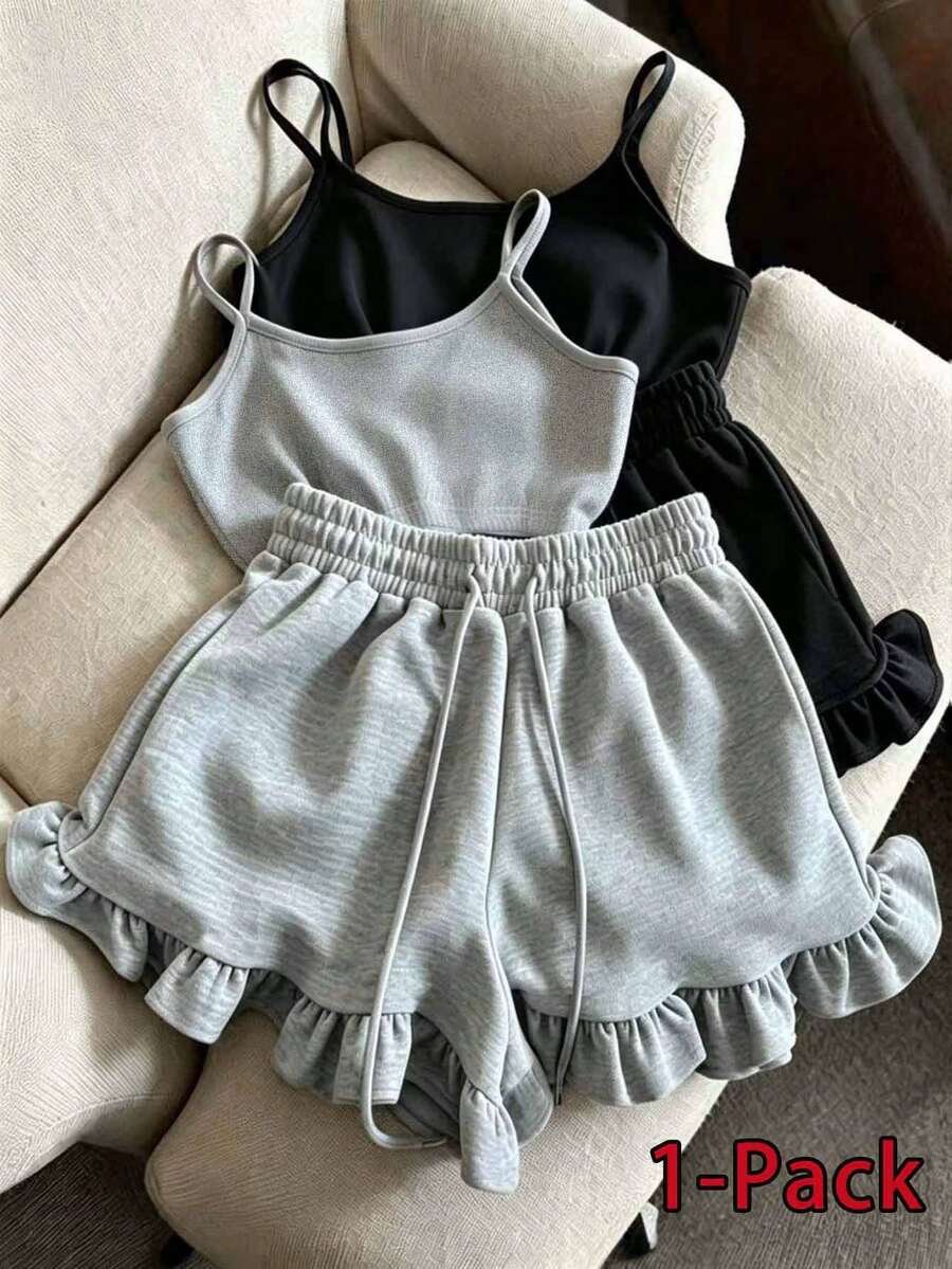 Franclia 女款純色細肩帶背心與抽繩腰休閒保守短褲兩件套居家服 淺灰色 夏季 - 灰色 - 查看 1