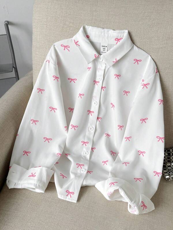 Tween Girls Tween Girl Bow Blouse All-Match Versatile Sweet Casual Everyday Style