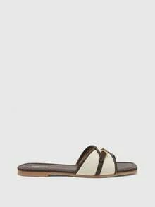 CUCCOO BIZCHIC Women's Spring/Summer New Patchwork Square Toe Soft Sole Flat Sandals With Metal Buckle Cross Strap, Suitable For Daily Commute, Vacation, Outings - Brown - View 2
