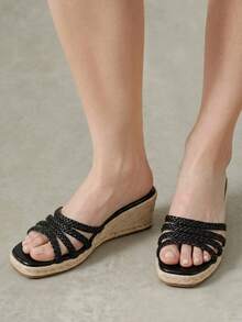 Styleloop Women's Hemp Rope Straw Weave Wedge Heel Black Weave Women's Weave Heel Sandals Hemp Rope Shoes Boho Music Festival Suitable For Going Out On Vaca - Black - View 4