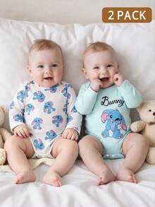 SHEIN 2pcs/Set Baby Boy Cute Rabbit Print Long Sleeve Bodysuit, White Light Blue Color, Spring/Autumn Crawl Suit, Matching Parent-Child Style, Soft Fabric - Blue - View 1