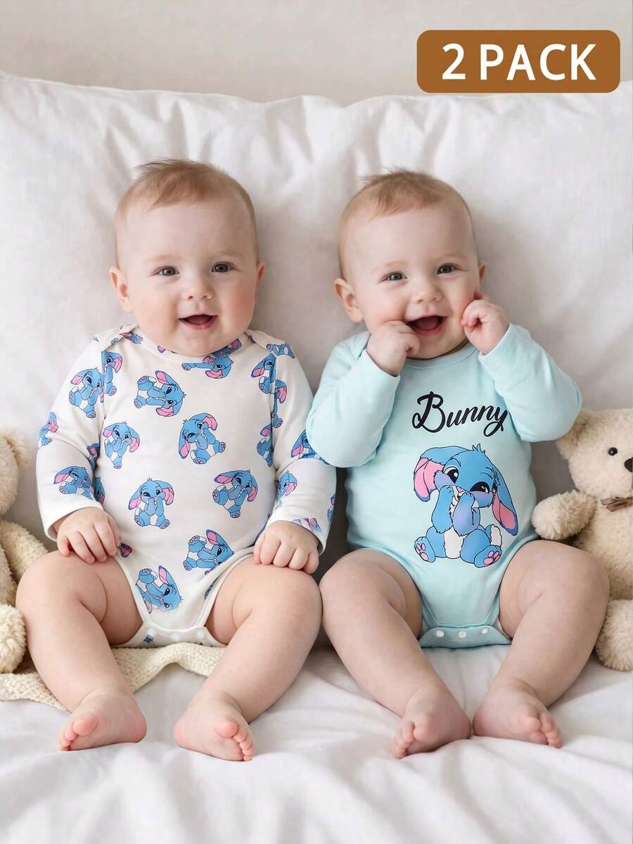 SHEIN 2pcs/Set Baby Boy Cute Rabbit Print Long Sleeve Bodysuit, White Light Blue Color, Spring/Autumn Crawl Suit, Matching Parent-Child Style, Soft Fabric - Blue - View 1