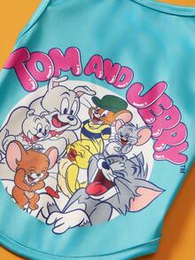 TOM & JERRY X PETSIN PETSIN 1件亮藍色卡通圖案寵物背心，彈性透氣面料，貼身舒適，貓狗通用，夏季度假休閒風，可愛吸睛，適合戶外散步與玩耍 - 藍色 - 查看 3
