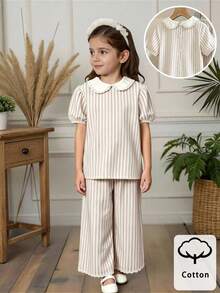 Elladie kids 女童蕾絲拼接彼得潘領條紋短袖上衣搭配同款長褲，可愛甜美風，簡約時尚百搭舒適，適合外出、購物、旅行、散步，秋季開學季新款女童短袖兩件套 - 卡其色 - 查看 8
