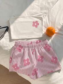 SHEIN EZwear 花卉與條紋印花上衣 + 粉色與白色條紋長褲 2 件套，休閒極簡浪漫復古，音樂節穿搭，海灘穿搭，度假穿搭，外出穿搭，女款夏季穿搭 - 彩色 - 查看 1