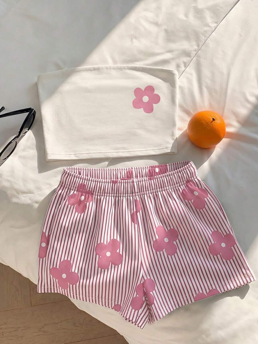 SHEIN EZwear 花卉與條紋印花上衣 + 粉色與白色條紋長褲 2 件套,休閒極簡浪漫復古,音樂節穿搭,海灘穿搭,度假穿搭,外出穿搭,女款夏季穿搭 - 彩色 - 查看 1