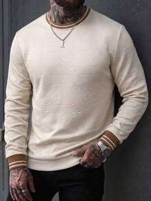 EGENSIO Men's Knitted Jacquard Solid Color Textured Collar & Cuff Flat Knit Ribbed Hem Pullover Sweatshirt - Apricot - View 1