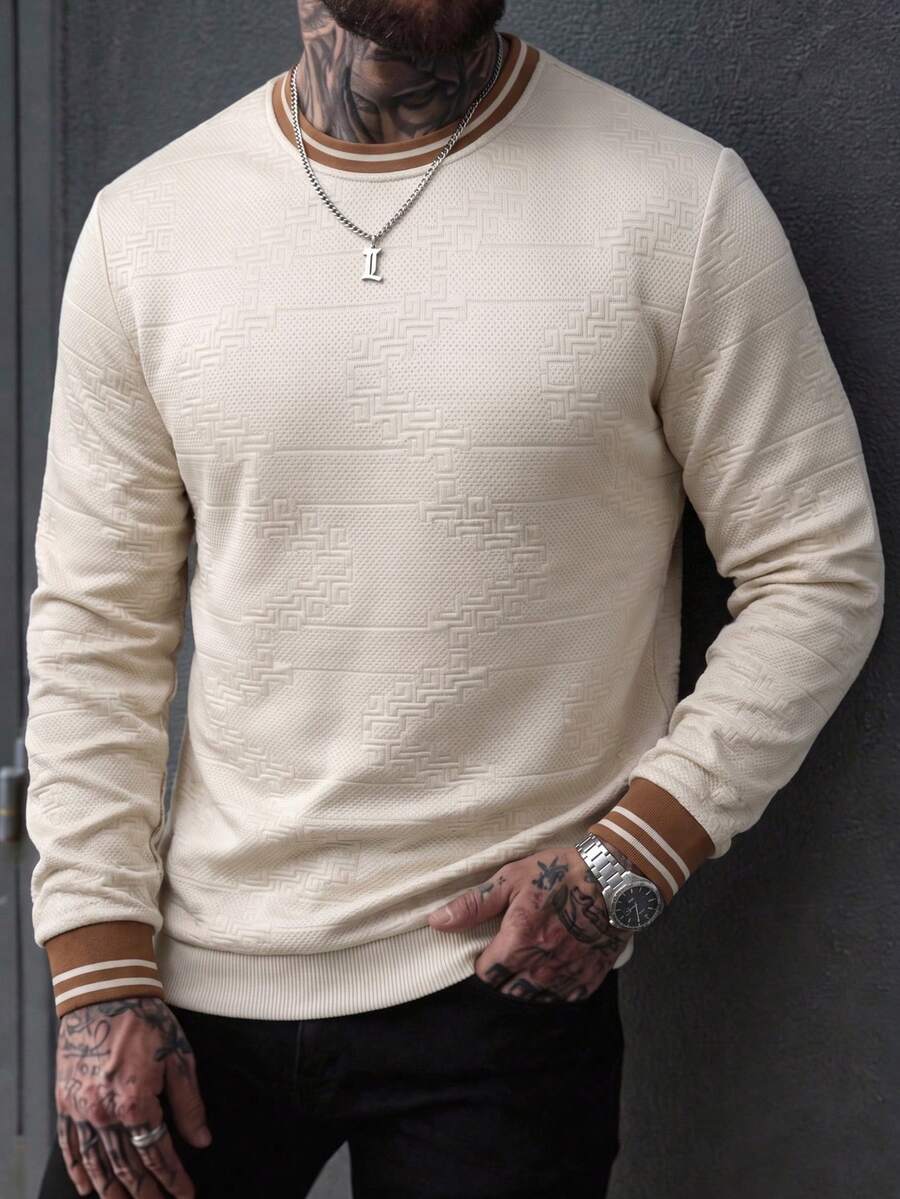 EGENSIO Men's Knitted Jacquard Solid Color Textured Collar & Cuff Flat Knit Ribbed Hem Pullover Sweatshirt - Apricot - View 1
