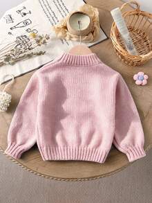 SHEIN Vintaside Kids 女童毛衣 時尚簡約可愛獨特刺繡圓領套頭衫 復古田園風綠色刺繡毛衣 秋冬款 - 粉色 - 查看 2