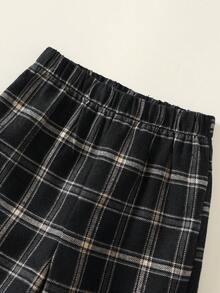 中性嬰兒男孩/女孩 2件組秋冬休閒可愛海軍藍格紋睡衣套裝，居家休閒服，適合居家休息、睡眠與日常穿著 - 黑色 - 查看 6