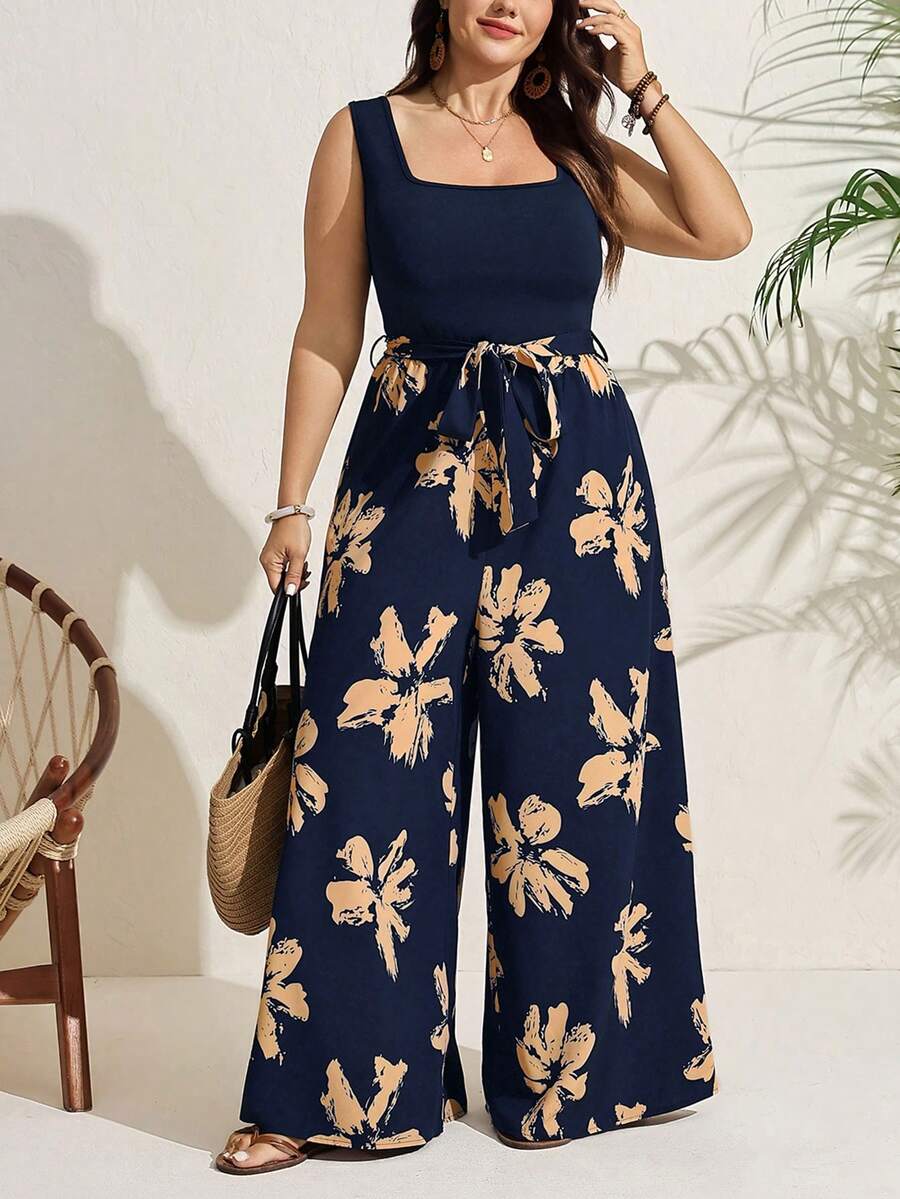 SHEIN LUNE 大尺碼花卉印花拼接休閒度假連身褲 - 藏蓝色 - 查看 1