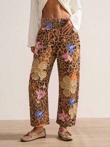 Bohemela Women's Elastic Waist Loose Embroidered Leopard Print Denim Jeans - Multicolor - View 6