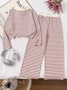 Girls' White Long Sleeve Polo Top And Long Pants Set, Fall Outfits, Fall Tops, Suitable For Autumn/Winter Wear - Apricot - View 2