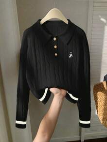 Franclia Contrast Trim Simple Long Sleeve Embroidered Horse Head Polo Collar Knit Sweater Preppy Tops - Black - View 7
