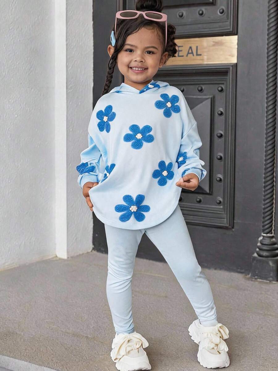 Kleine Mädchen Kinder Lässig Alltag Blau Süß Verspielt Kapuzen T-Shirt T-Shirt Top und Leggings Set - Blau - Übersicht 1