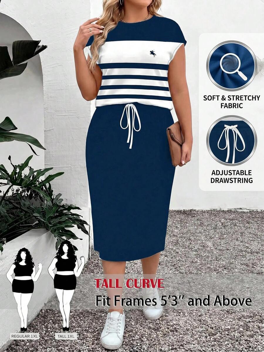 SHEIN PETITE CURVE 大码条纹印花圆领短袖上衣和纯色迷你裙休闲两件套 - 藏蓝色 - 查看 1