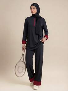 With My Calm With My Calm Athletic Modest Sweatpants, Wide Leg Pants, Training Running Fitness Casual Style, Loose Fit, Color Block Design Gym Dark Red Summer - Black - View 4