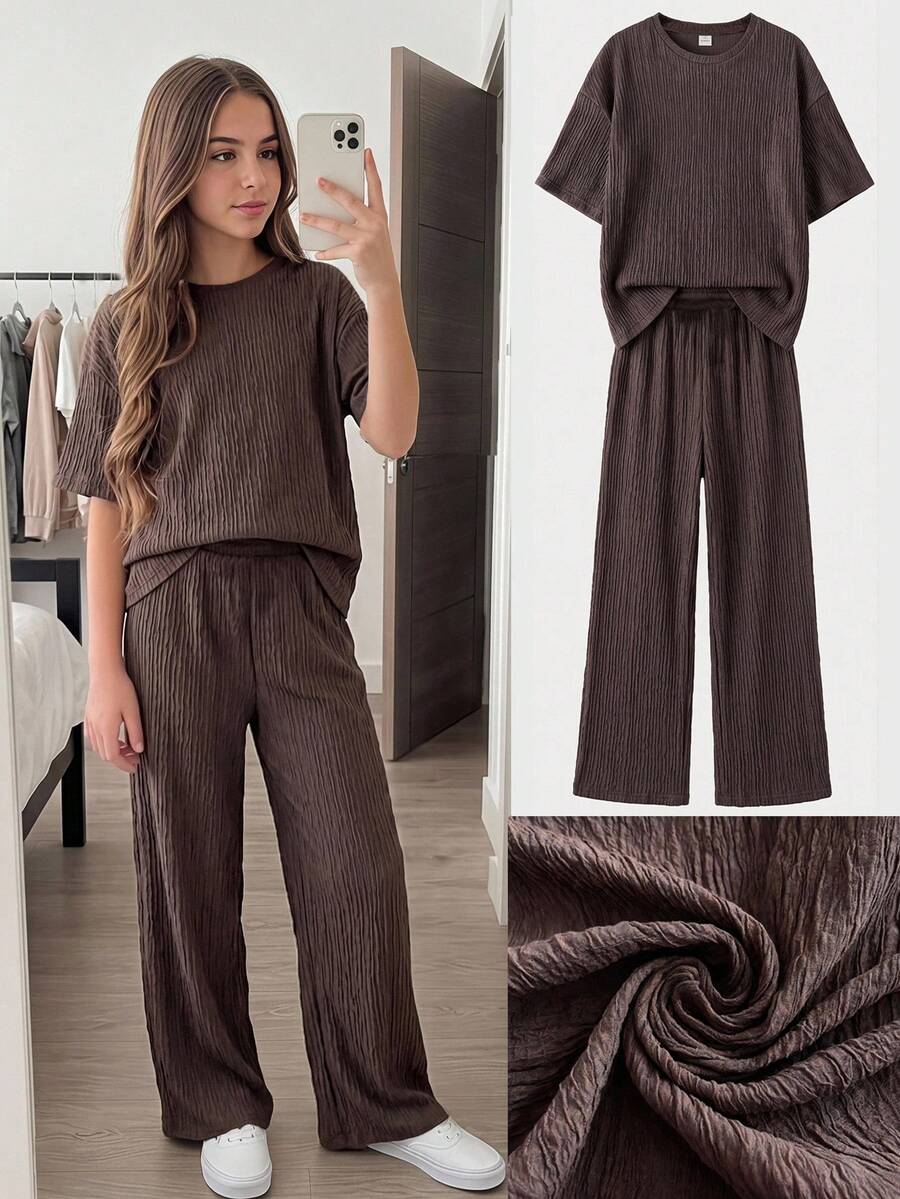 SHEIN 青少年女孩純色短袖T恤與長褲套裝 - 棕色 - 查看 1