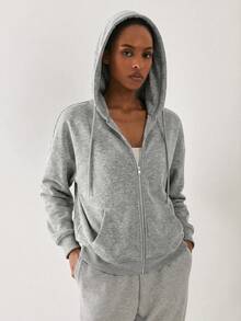 YARNWELL Sweatshirt Wanita Model Baru Musim Gugur/Dingin, Serbaguna, Longgar, Model Lengan Panjang dengan Tali Serut dan Tudung. - Grey - View 5
