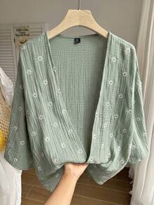 Comfortcana Plus Size Women's Floral Embroidered Pattern Casual Daily Long Sleeve Cardigan - Green - View 6