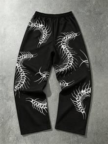 ROMWE MEN Goth Pantalones de chándal para hombre con estampado de bloques de color y cintura con cordón - Negro - Ver 2