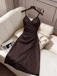 Elenzga Summer Elegant Satin Spaghetti Strap Wrap Dress With Ruffle Hem, Cinched Waist, No Print, Beige And Black Contrast Color, Suitable For Wedding, Party, Business - Multicolor - View 4