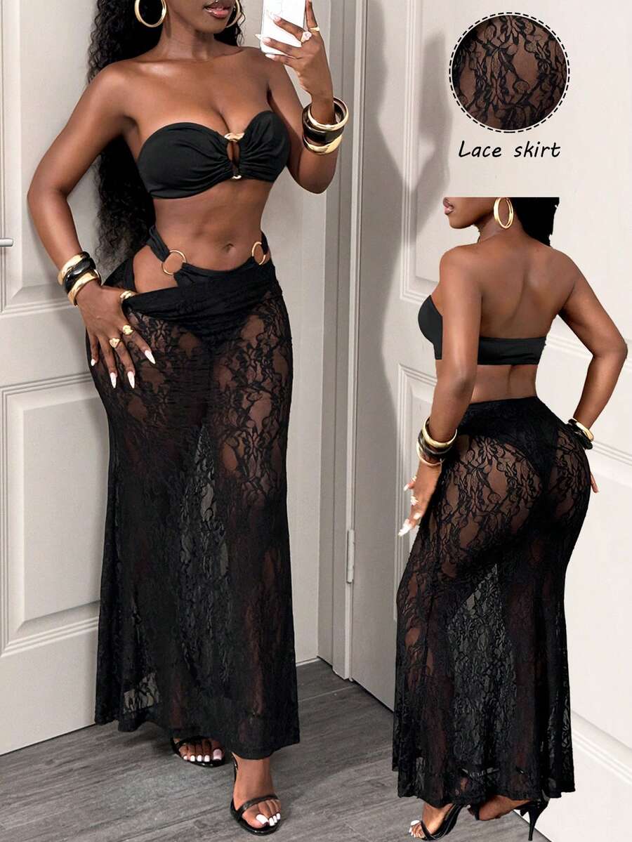 BamGleam Sexy Lace Bodycon Fish Tail Skirt With Metal Buckle Bustier Hollow Out Lingerie Set