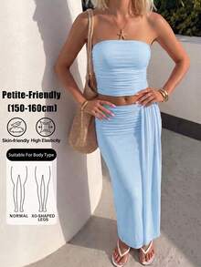 SHEIN PETITE 平口網紗上衣與低腰裙套裝 - 淺藍色 - 查看 9