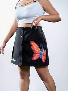 Rick and Morty X SHEIN Talla grande Falda con estampado de mariposa con botón delantero - Negro - Ver 1