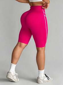SHEIN Velisys Seamless Plus Size Colorblock Bermuda Biker Shorts - Hot Pink - View 3