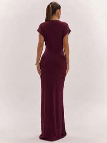 SHEIN BAE Women's Comfortable Versatile Ruched Fitted Elegant Dress - Burgundy - View 2