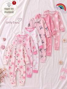 2件套女婴碎花长袖连体衣和打底裤贴身家居服套装，女婴睡衣拉链休闲连体衣 - 粉色 - 查看 9
