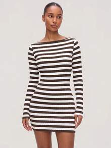 SHEIN BASICS Women's White And Brown Casual Basic French Minimalist Coastal Daily Day Time Fall Dress Brunch Everyday Going Out Date Night Travelling - Chocolate Brown - View 2