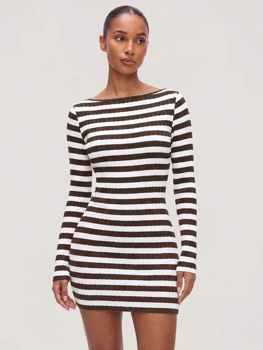 SHEIN BASICS Women's White And Brown Casual Basic French Minimalist Coastal Daily Day Time Fall Dress Brunch Everyday Going Out Date Night Travelling