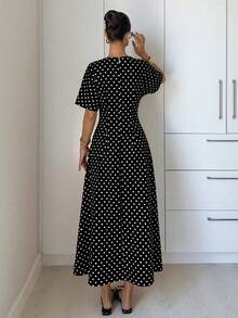 Siren Gaze Gaun Panjang Wanita Elegan Motif Polkadot untuk Perjalanan Sehari-hari - Hitam - View 2