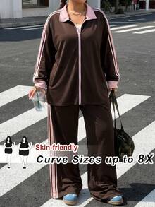 SHEIN CURVE+ Sporty Chocolate Brown Webbing Zipper Placket Sweatshirt Autumn 2026 Plus Size 22W Back To School Vacation Active Fall - Brown - View 1