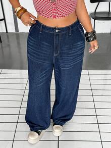 Jeanoix Plus Size Dark Blue Denim Jeans, Premium Texture, Non-Stretch Straight Leg Long Pants - Dark Wash - View 3
