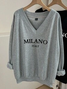 Comfortcana Casual Soft Form Traditional Minimalist Plus Size V-Neck Loose Sweatshirt Suitable For Autumn/Winter Back-To-School Vacation Date Dates Night Black - Grey - View 1