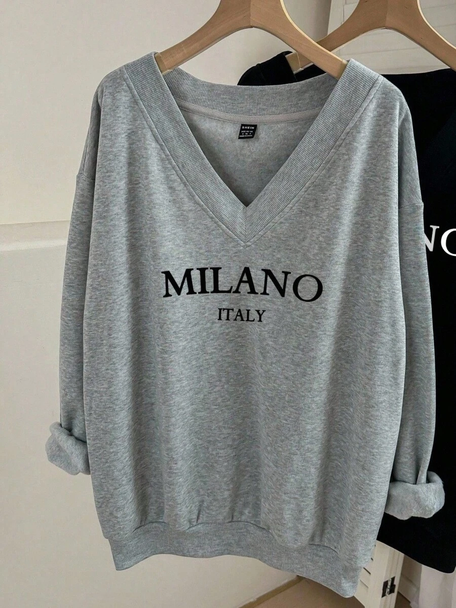 Comfortcana Casual Soft Form Traditional Minimalist Plus Size V-Neck Loose Sweatshirt Suitable For Autumn/Winter Back-To-School Vacation Date Dates Night Black - Grey - View 1