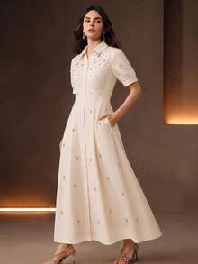 Anewsta Summer New Style Lapel Bead & Rhinestone Decor Waist-Defining Fashion Casual Versatile Shirt Dress - Beige - View 4
