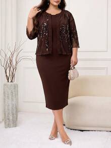 Modelyn Plus Size Elegant Party Sequin Jacket & Dress 2 Pieces Set - Rust Brown - View 6