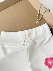 SHEIN شورت أبيض محبوك بخصر عالي مزين بفيونكة مضلع للفتيات المراهقات - أبيض - مشاهدة 5
