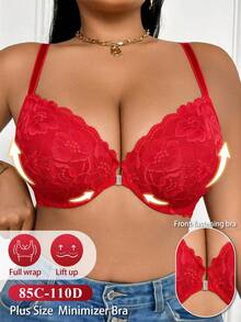 SHEIN Sutiã Plus Size com Aro, Renda Sexy, Fechamento Frontal e Push Up, 1 Peça - Vermelho - Visão 3