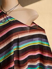 SHEIN ICON 大尺碼女款春夏復古性感海灘度假簡約休閒露肩不規則下擺彩色條紋印花披肩上衣 - 黑色 - 查看 5