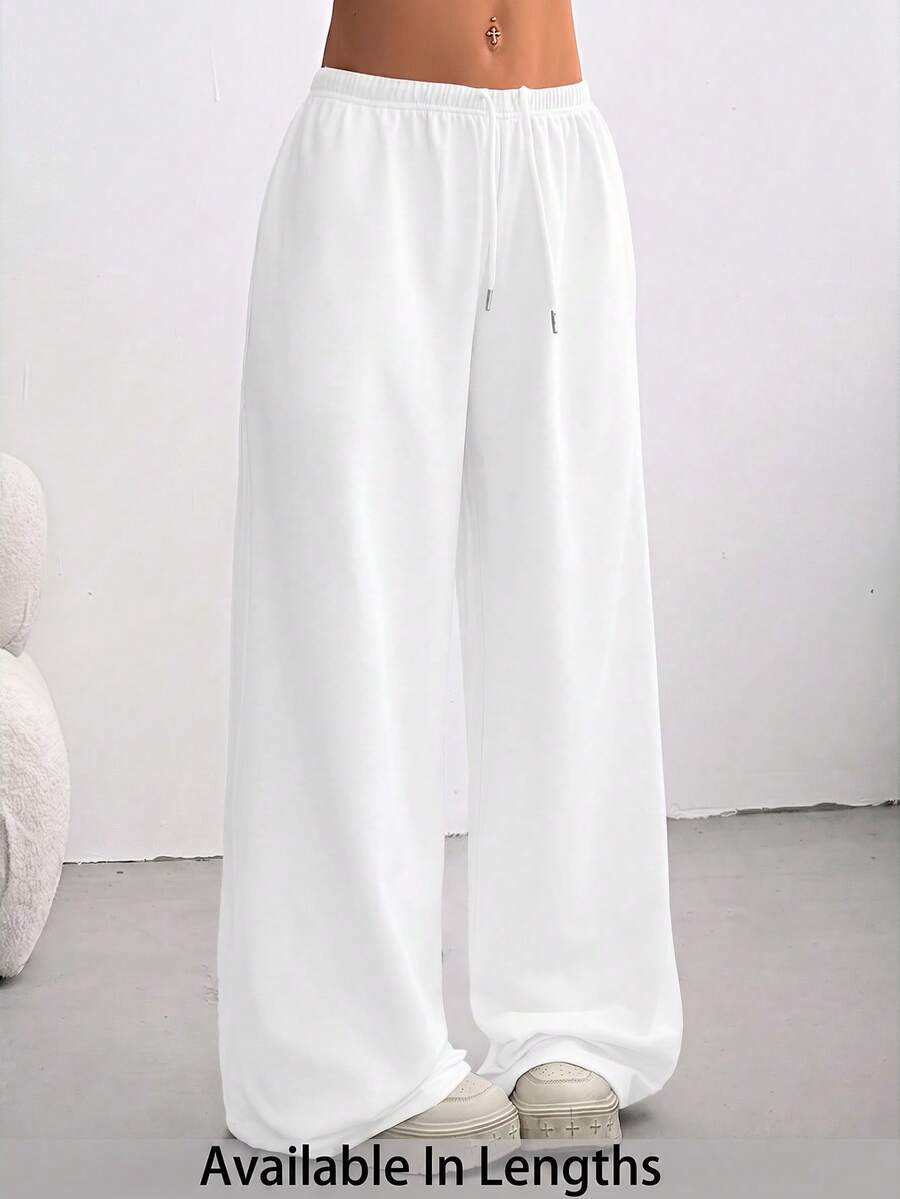 SHEIN Tall CURVE 大尺碼女款純色抽繩腰寬腿寬鬆運動褲 白色 夏季 牛仔風 商務休閒 健身約會穿搭 - 白色 - 查看 1