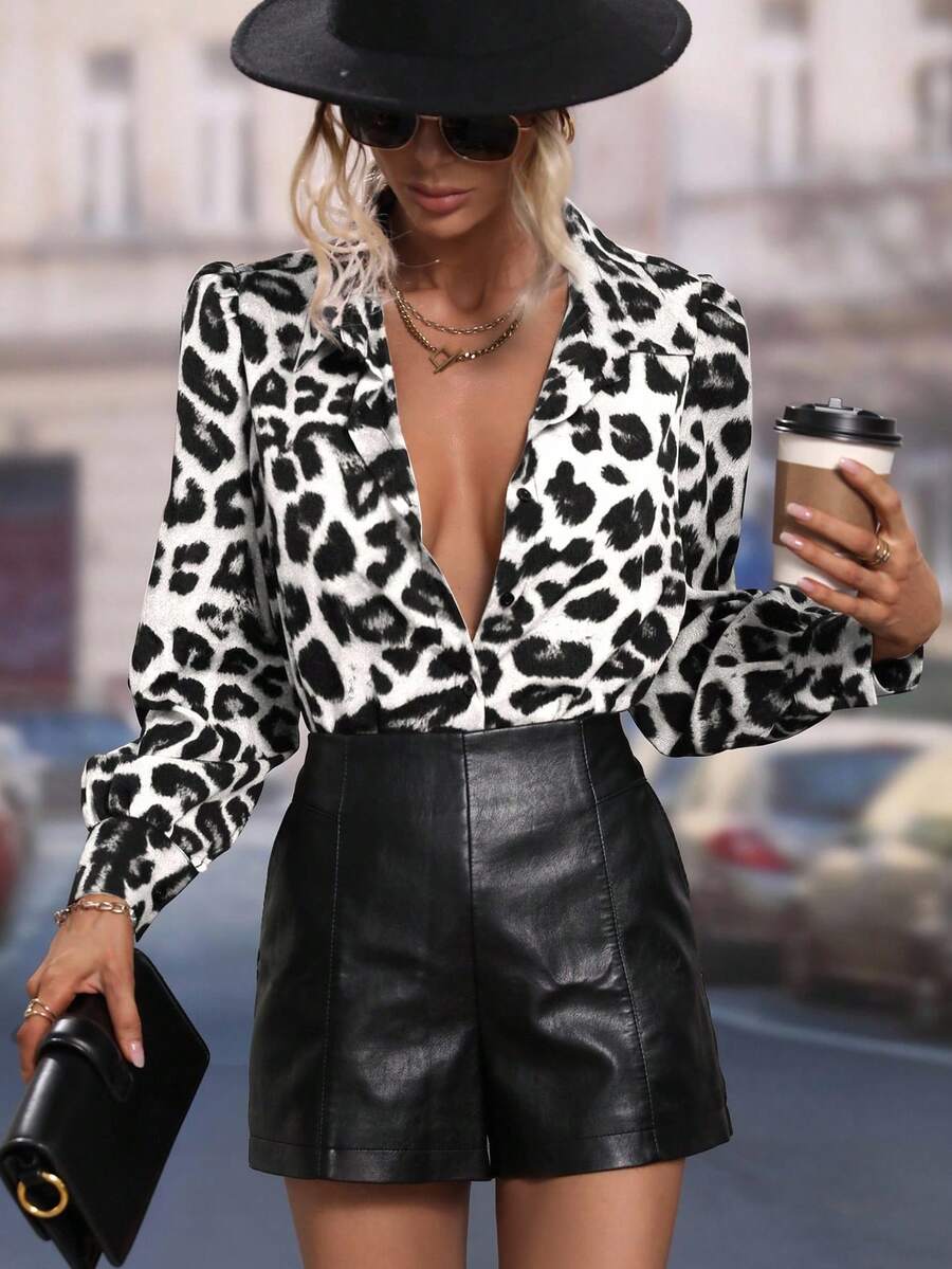 SHEIN Clasi 女款豹紋長袖單排扣時尚襯衫 - 黑與白 - 查看 1