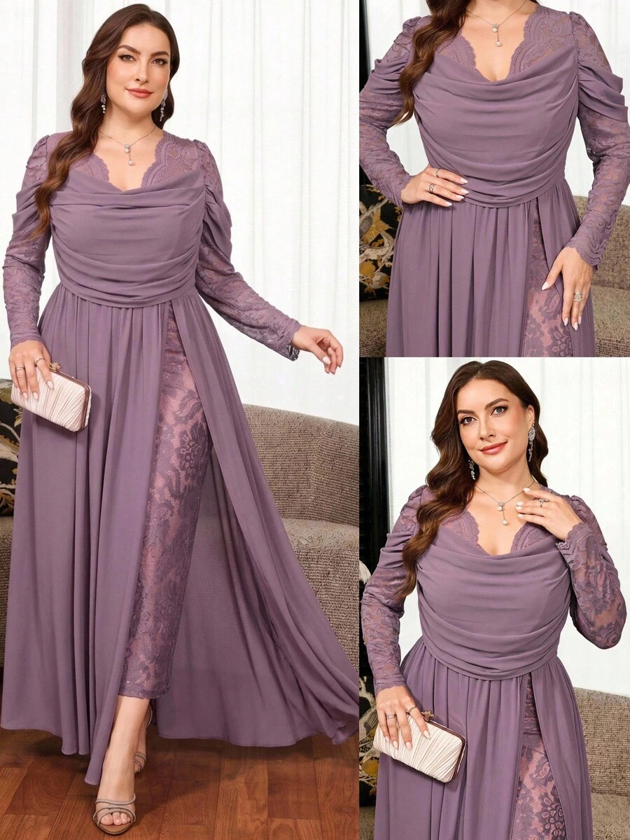 Reflora Plus Size Women's Cowl Neck Lace Patchwork Casual Party Dress Fall