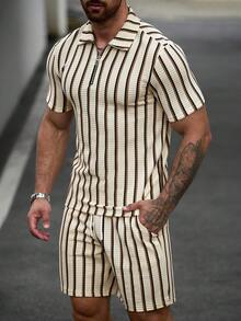 Manfinity CasualCool 男士夏季休閒度假通勤紋理布料短袖 Polo 衫，抽繩收腰 S 號 - 彩色 - 查看 4