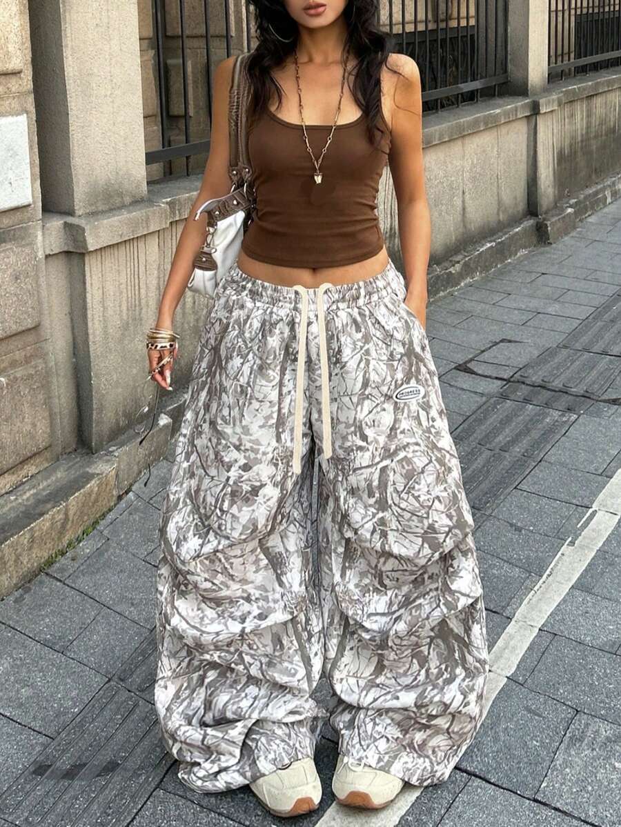 Coolane 秋季女款街頭風休閒復古外出樹枝圖案寬腿褲,休閒女裝 - 軍綠色 - 查看 1