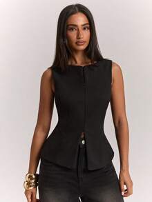 SHEIN BAE Solid Color Casual Elegant Commute Date Office Slim Fit Zipper Sleeveless Blazer Black Summer - Black - View 6
